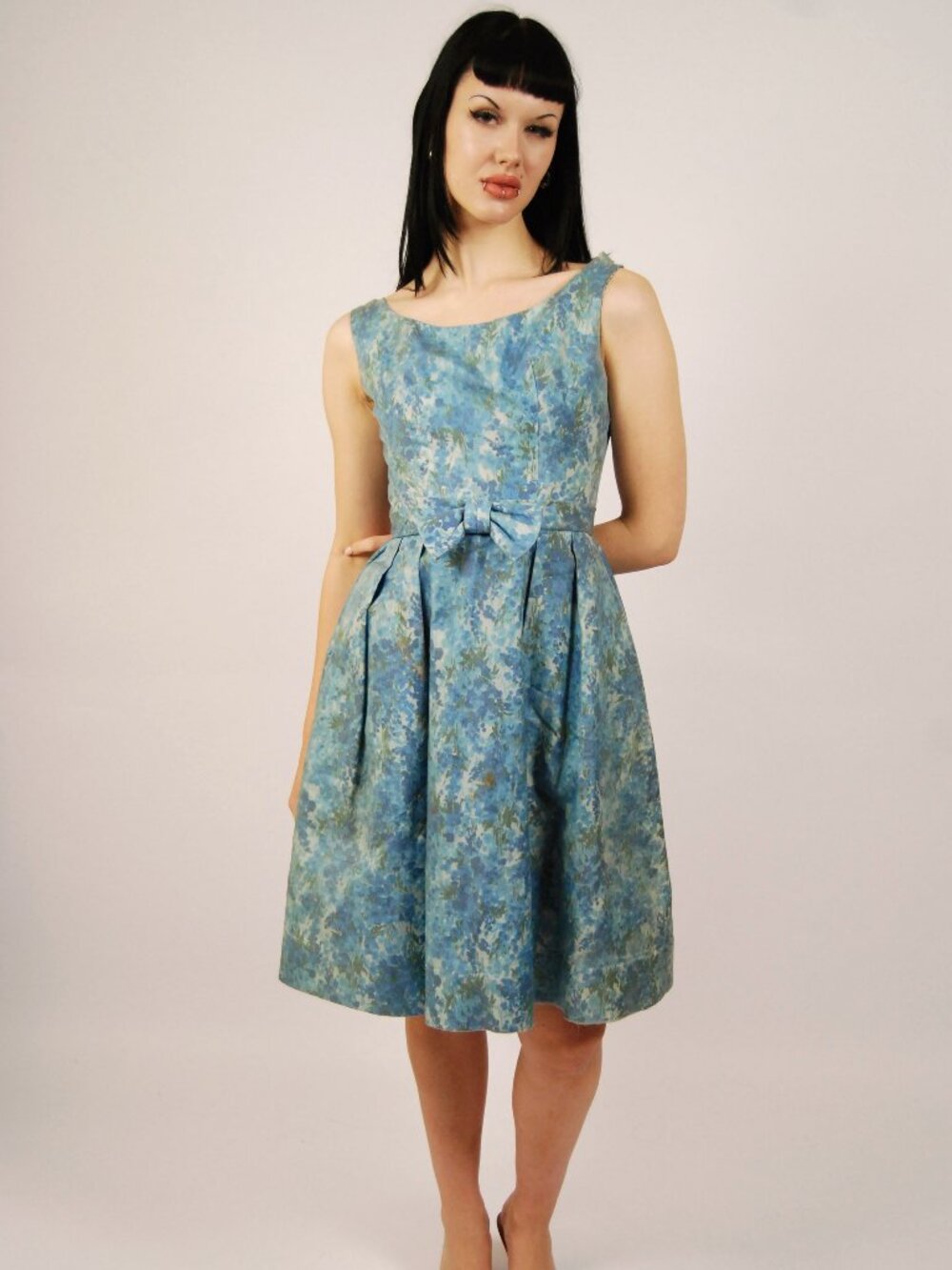 50s Tea Dress (S) small blue vintage midi retro pinup gown rockabilly antique